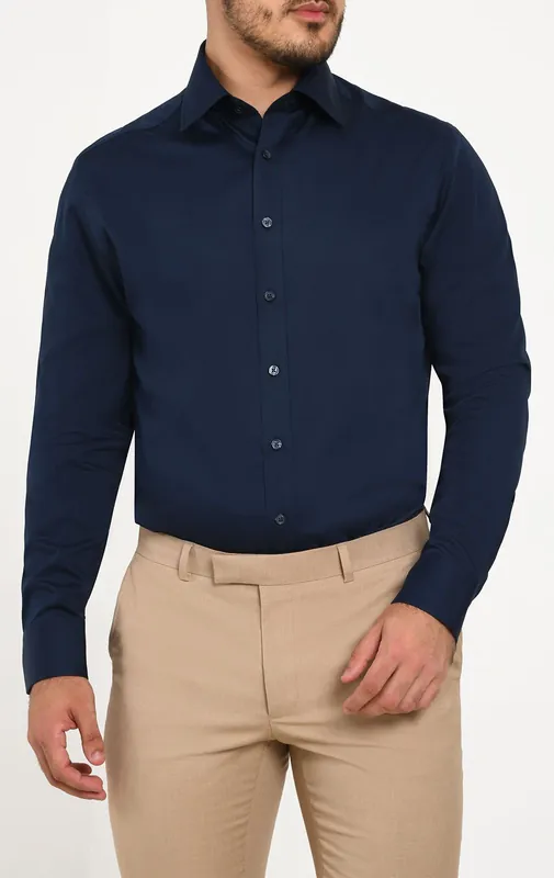 Navy 100% Cotton Poplin Easy Care Shirt - Dobell