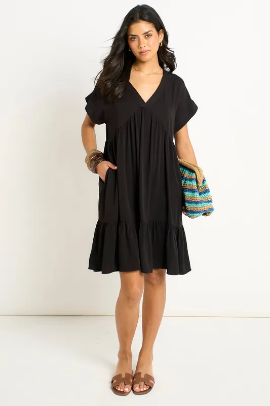 Black V Neck Tiered Mini Smock Dress - Gini London