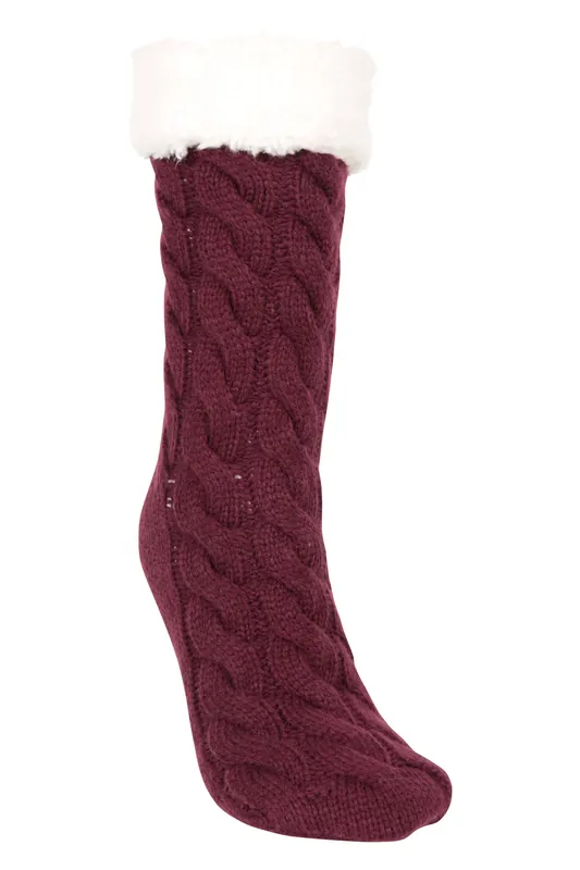 Borg' Soft Fleece Lined Slipper Socks Warm Cosy with Grippy Sole - Mountain Warehouse