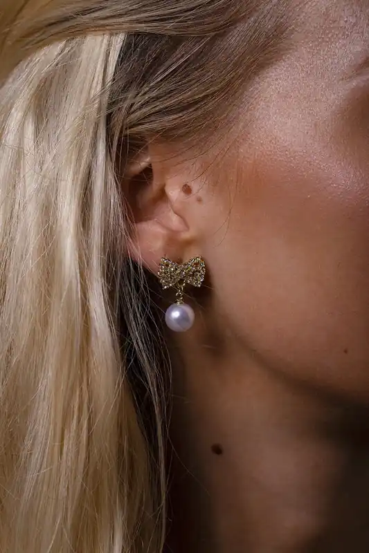 Diamante Bow Pearl Drop Earrings - Gift Boxed
