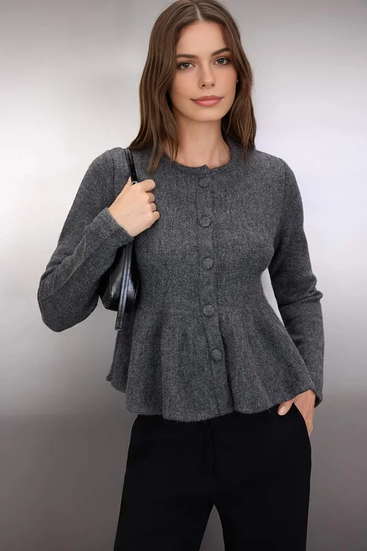 Button Through Peplum Hem Long Sleeve Knit Cardigan - WOVCOR