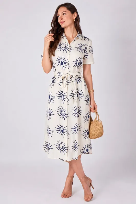 Cream Sun Print Shor Sleeve Midi Shirt Dress - Love Sunshine