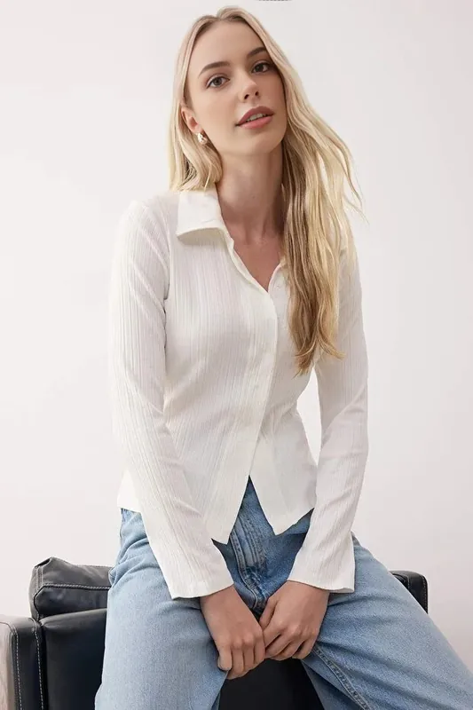 Polo Collar Button Front Stretch Knit Blouse - WOVCOR