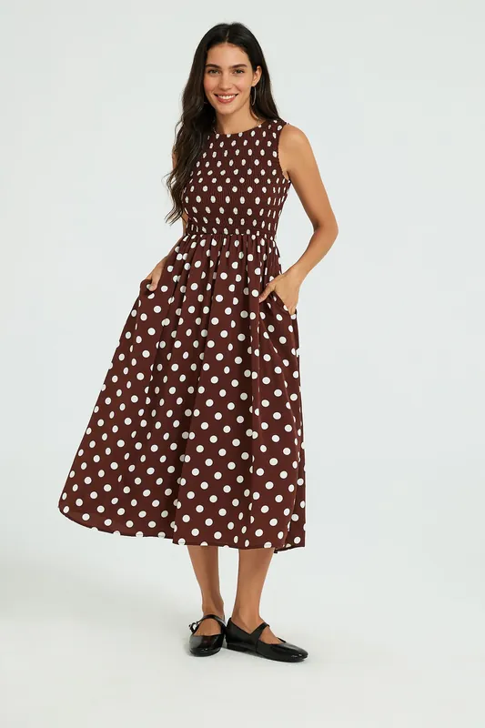 Polka Dot Shirred Bodice Tie Back Sleeveless Midi Dress - FS Collection