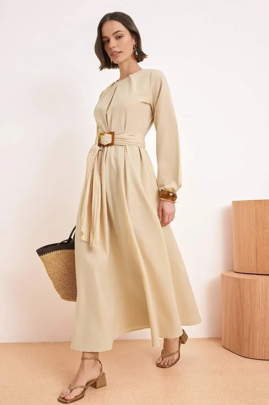 Pleated Belted Long Sleeve Maxi Dress with Buckle & Flowing Fit - WOVCOR