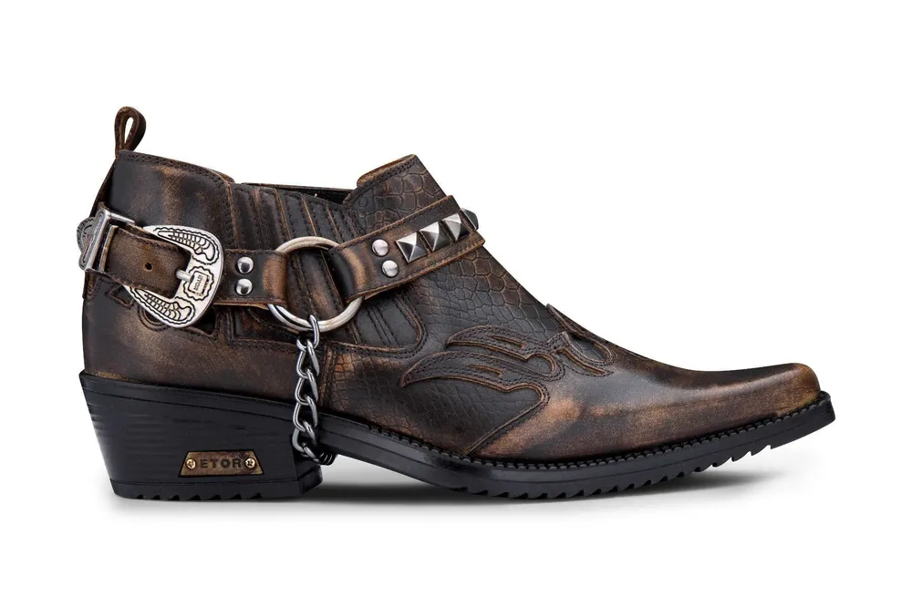 Men's Brown Croc Leather Winklepicker Studded Western Biker Shoes - Infinity Leather