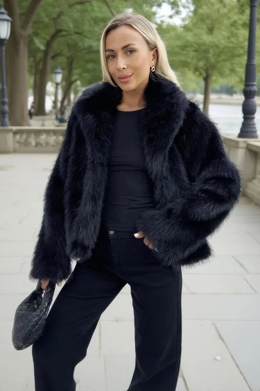 Black Faux Fur Short Jacket - AX Paris