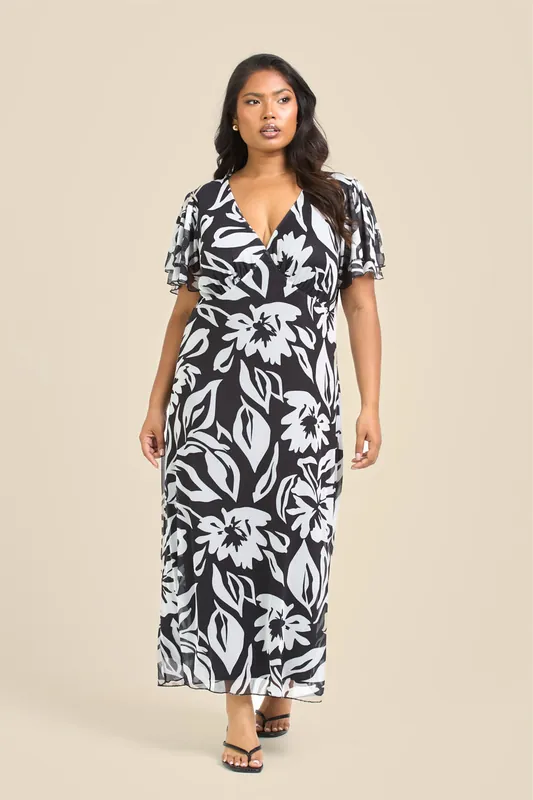 Curve Floral Mono Print Flutter Sleeve Midi Dress - FASHION-SZN