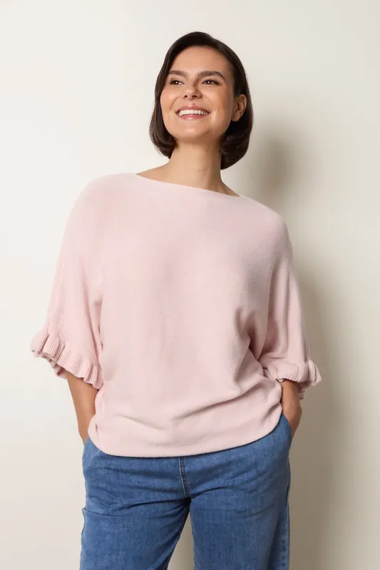 Pink Knitted Frill Sleeve Batwing Jumper - Blue Vanilla