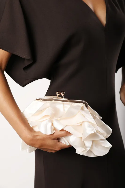 'Brume' Ruffled Satin Kiss Lock Clutch Bag - Where's That From