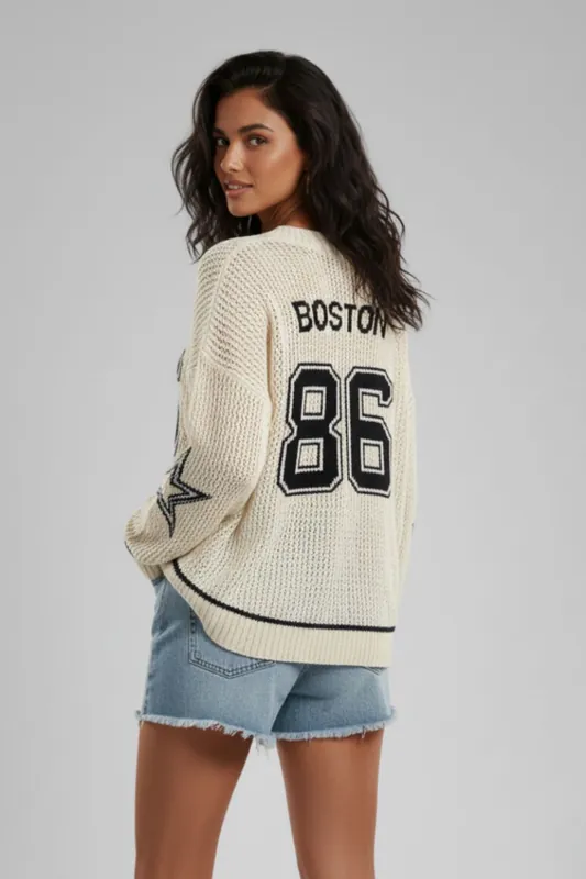 Fishnet Knitted V-Neck Jumper - Oversized - Jumper