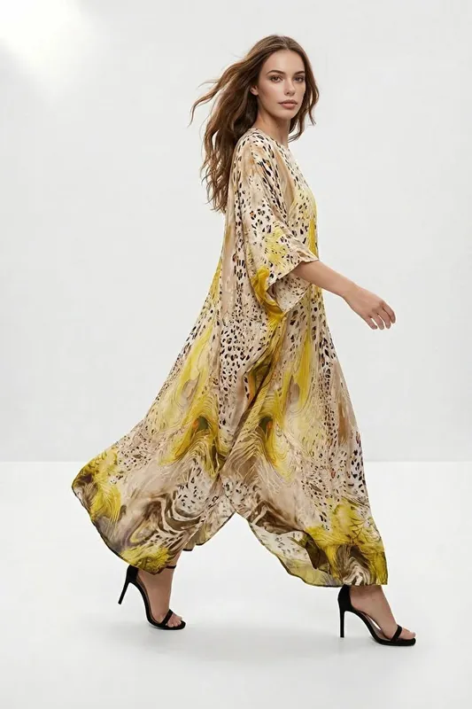 Animal Print Oversized Kaftan Maxi Dress with Fluid Draped Fit - WOVCOR