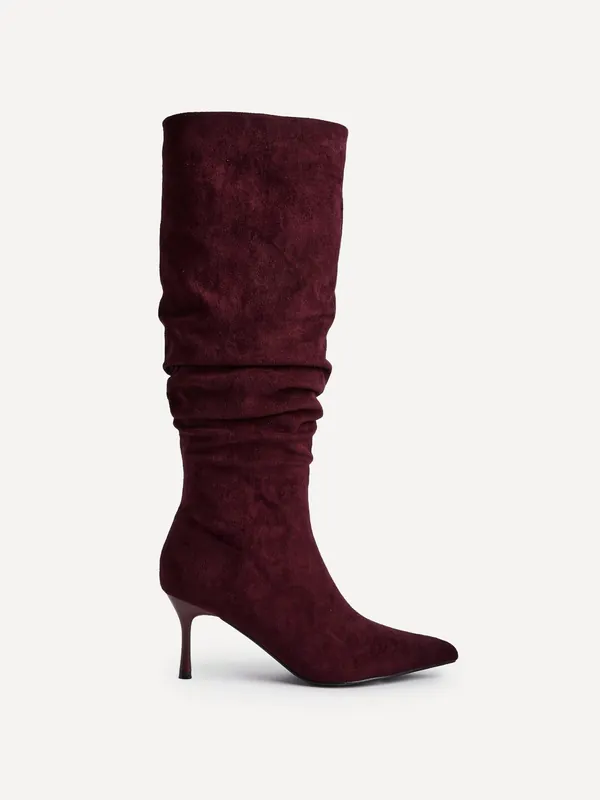 Rosenna Burgundy Faux Suede Ruched High Leg Heeled Boot - Linzi