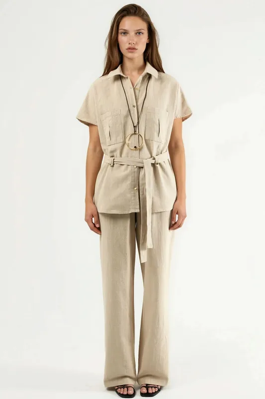Belted Mid Waist Wide Leg Two-Piece Co-ord Set