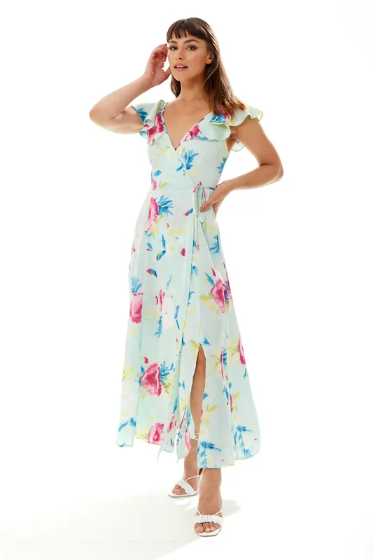 Maxi Floral Print Wrap Dress in Mint Green - Liquorish
