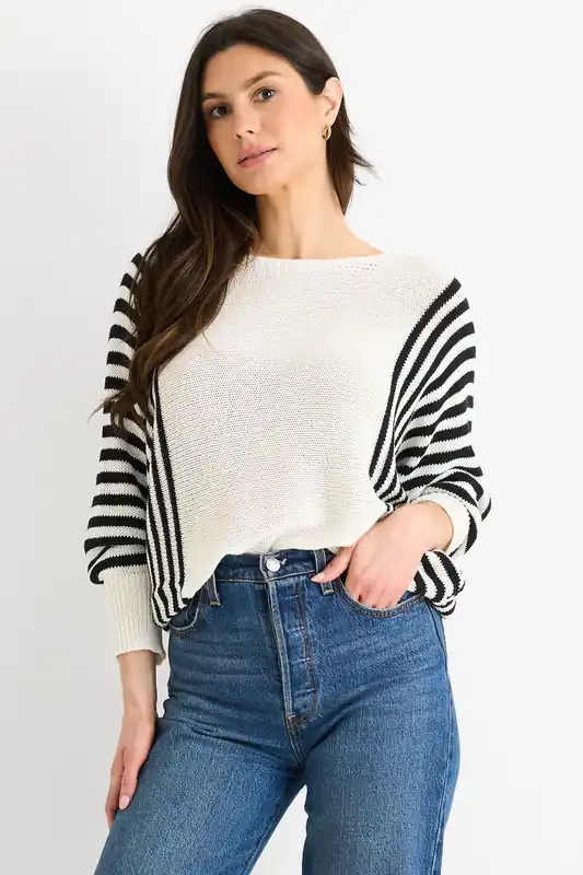 White Cotton Stripe Pattern Batwing Jumper Top - Gini London