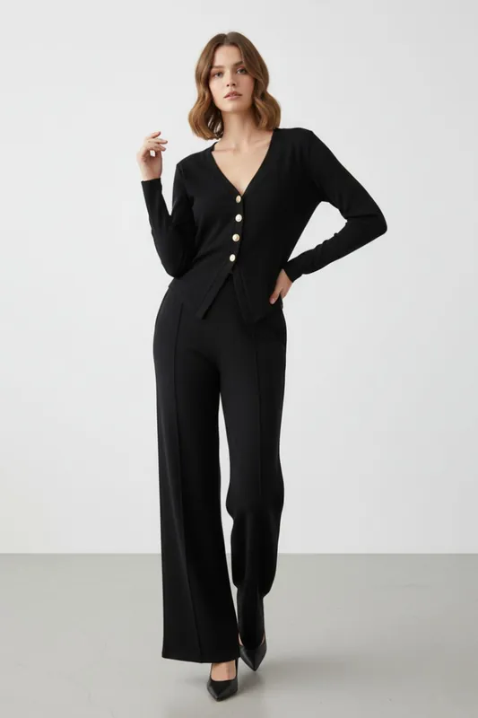Long Sleeve Button-Up Top and Wide Leg Trouser Co-ord Set