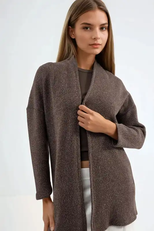 Long Ribbed Knit Cardigan with Open Collar - Busem