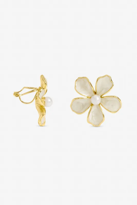 Gold Plated and White Enamel Flower Clip Earrings - Jon Richard