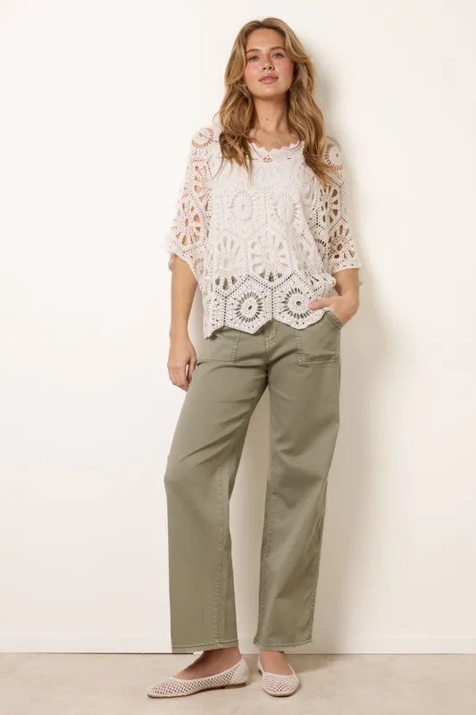 White Crochet Detailed Kimono Top - Blue Vanilla