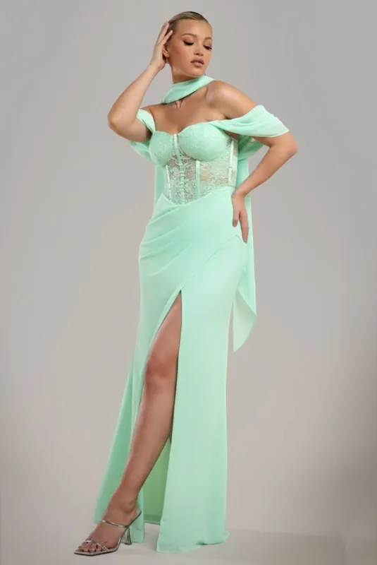 Scalloped Lace & Chiffon Winged Corset Bodice Maxi Dress - Goddiva