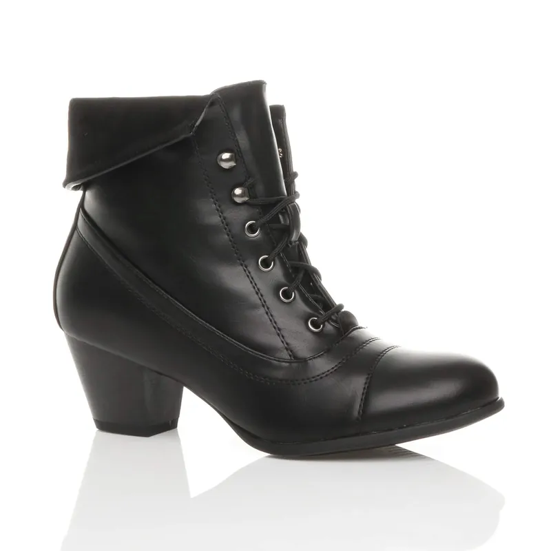 Mid Cuban Heel Pixie Lace Up Granny Ankle Boots - AJVANI
