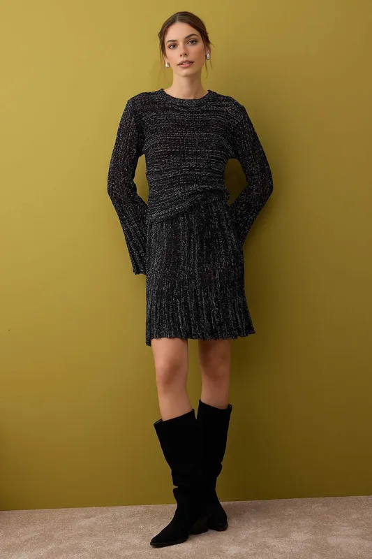 2-Piece Shimmer Knit Cropped Sweater and Mini Skirt Set