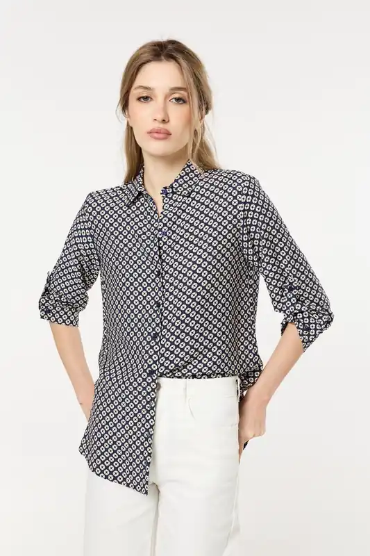 Navy Geometric Print Button-Down Shirt