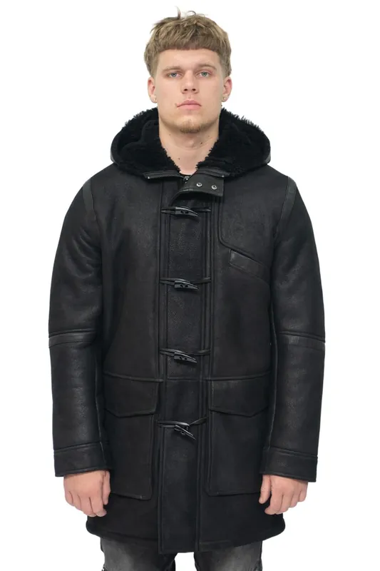 Winter Sheepskin Leather Hooded Duffle Coat-Langport