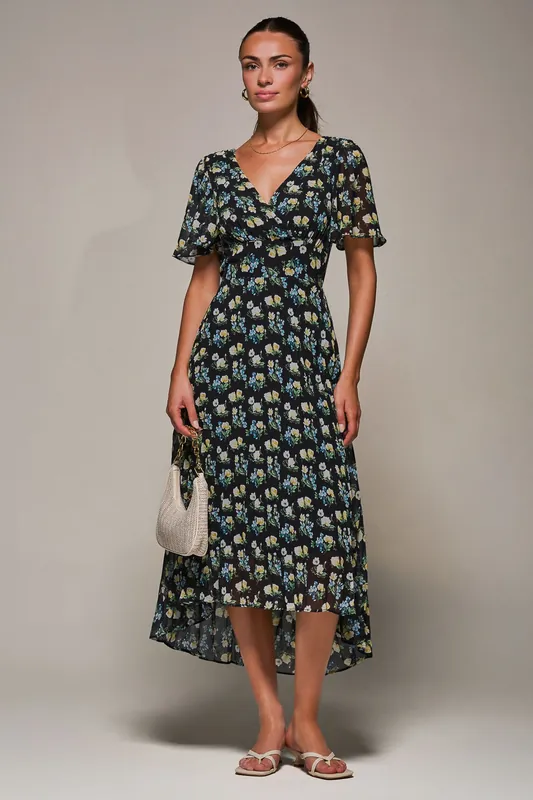 Floral Chiffon V Neck Midaxi Dress - Jolie Moi