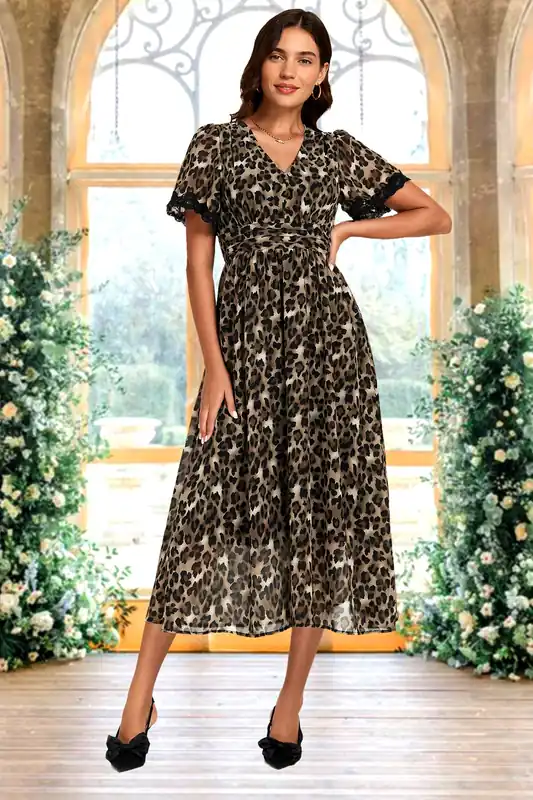 Leopard Print Lace Trim On Sleeve Midi Dress In Brown - FS Collection