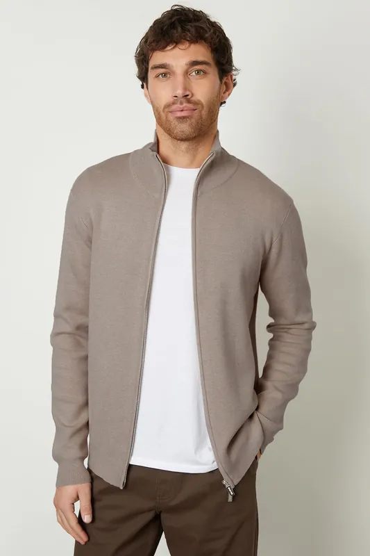 Zip-Through Funnel Neck Knitted Cardigan