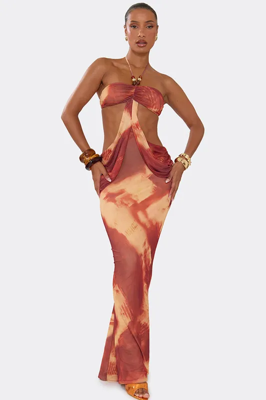 Sleeveless Beaded Abstract Print Maxi Dress - EGO