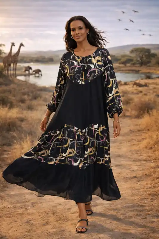 Abstract Panel Maxi Dress in Black - Belissh
