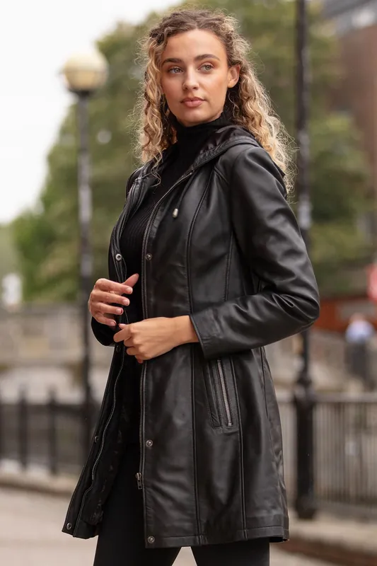 Emilia' Stylish Real Leather Thigh Length Jacket - Ashwood Leather
