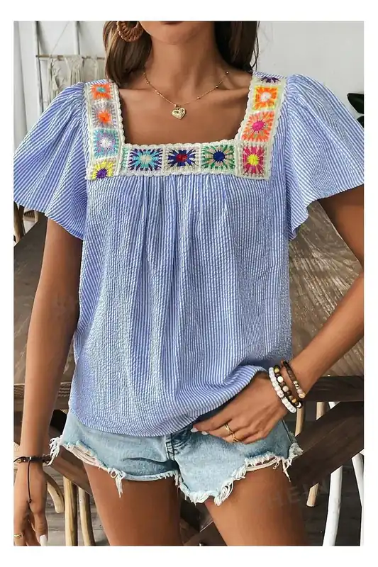 Sky Blue Stripe Textured Ruffle Short Sleeve Boho Detail Square Neck - Everyday The Label