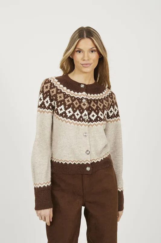 Crew Neck Fairisle Knit Cardigan - Brave Soul