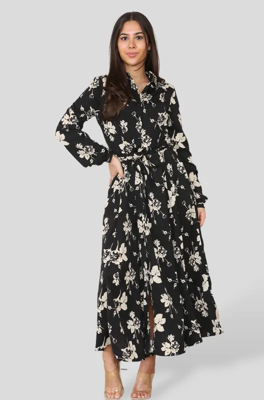 Floral Print Long Sleeve Midi Shirt Dress - Love Sunshine