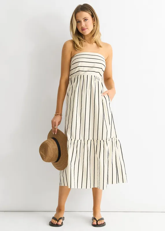 Stripe Cotton Bardot Smock Midi Dress - Gini London