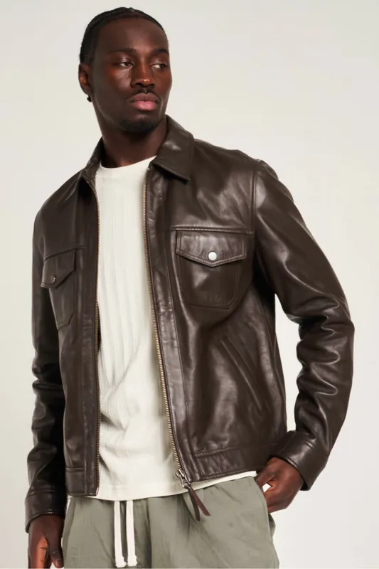 Brown Leather Trucker Jacket - Barneys Originals