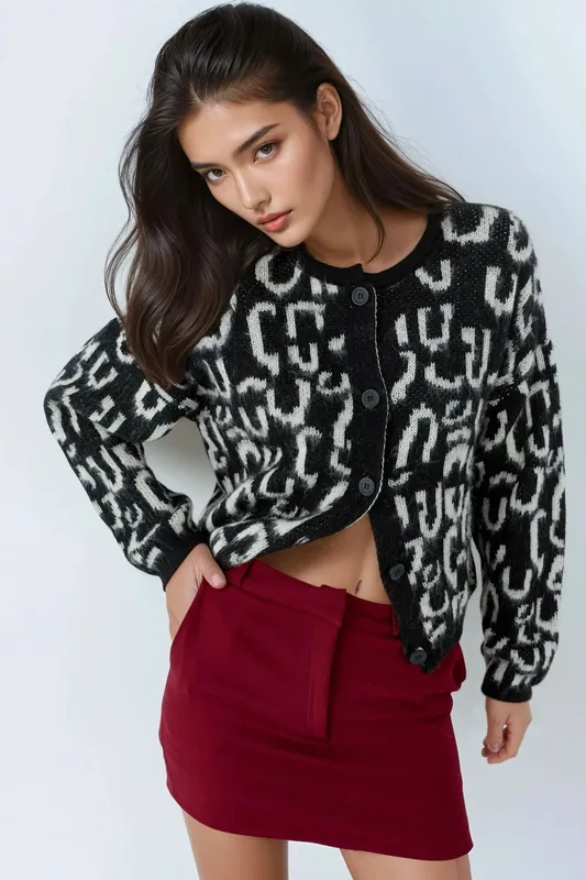 Jacquard Long Sleeve Buttoned Cardigan - MyFashion