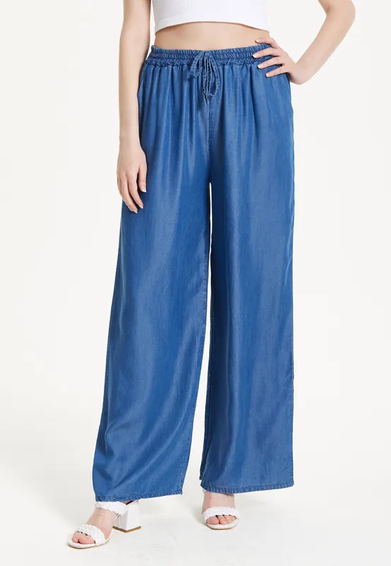 Blue Drawstring Wide Leg Trousers - Liquorish