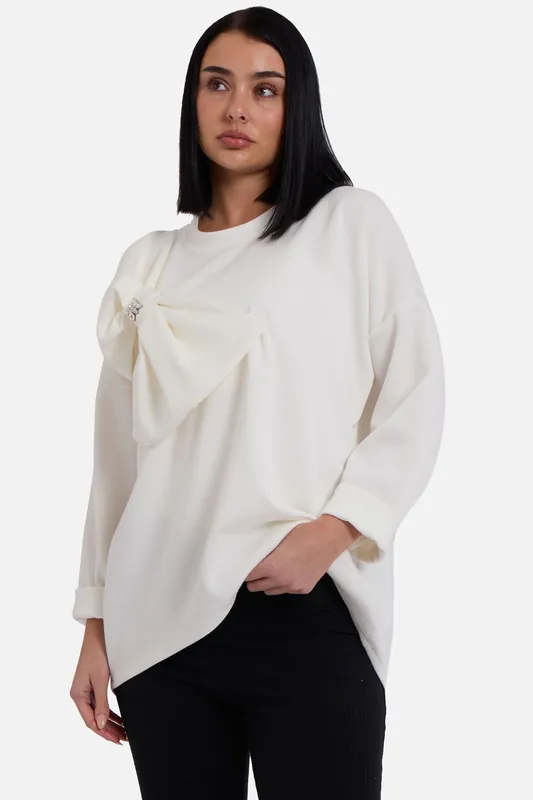 Cream Side Contrast Bow Oversized Jumper Top - Gini London