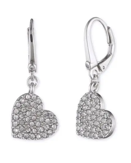 Heart Drop Earrings with Crystal - Silver and Crystal