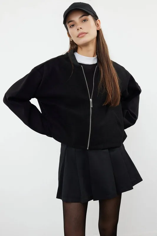 Plain Zip Through Funnel Neck Casual Bomber Jacket - WOVCOR