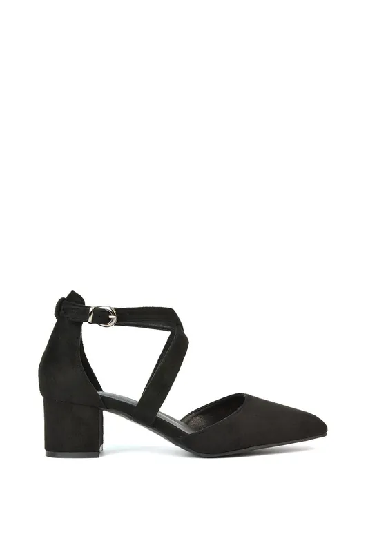 Cynthia' Pointed Toe Ankle Strap Mid Block Heel Court Shoes - XY London