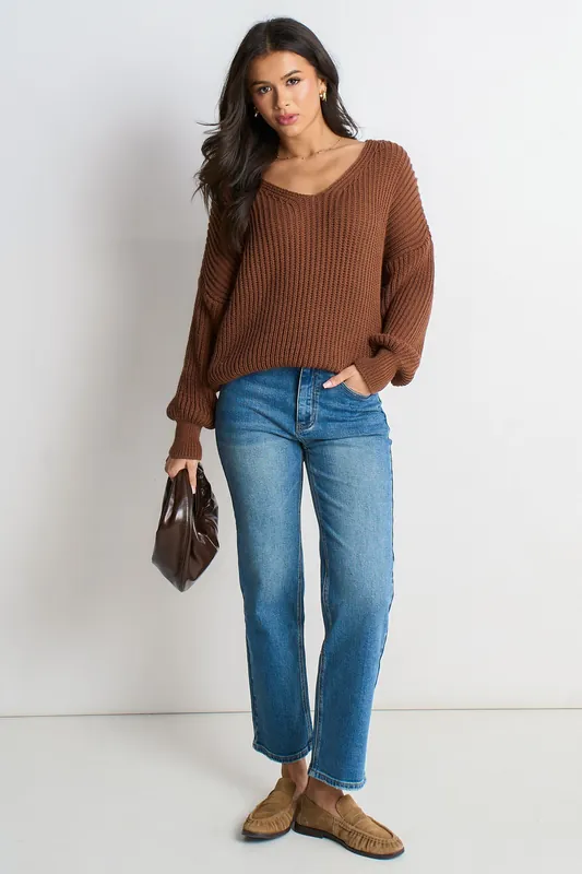 Brown Chunky Knit Oversized Jumper - Gini London