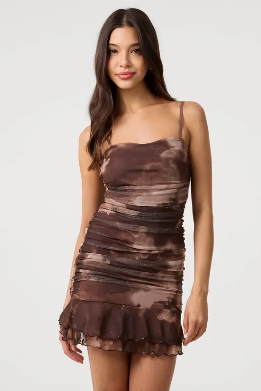 Brown Blurred Floral Strappy Mini Dress - Pink Vanilla
