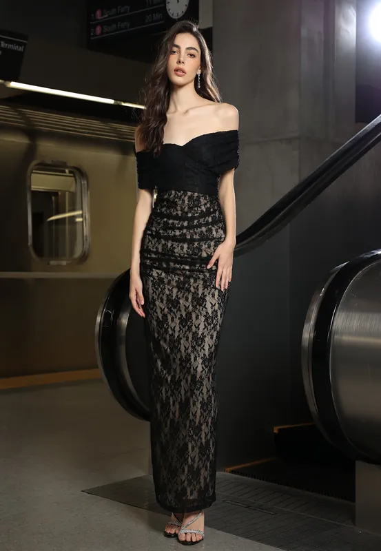 Black Lace Off Shoulder Maxi Dress - Divine Grace