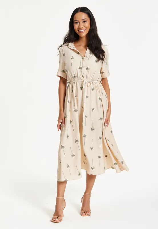 Beige Palm Print Shirt Midi Dress - Liquorish